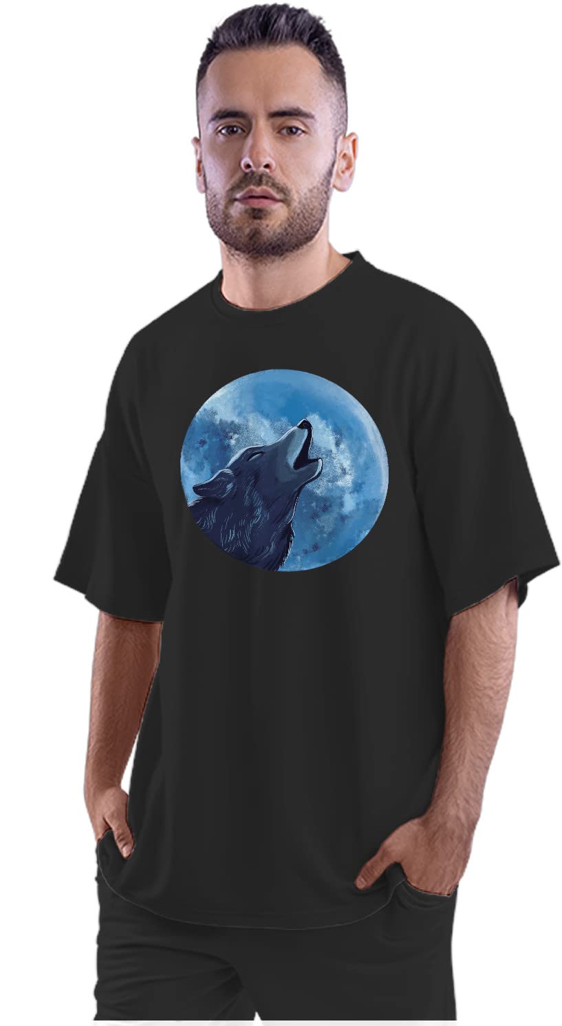 Oversized T-Shirt Wolf Howling - Full Moon Men's Women's Unise 100% Cotton Navy Blue; _MNWOLUNQ-Navy Blue S Oversized_bz